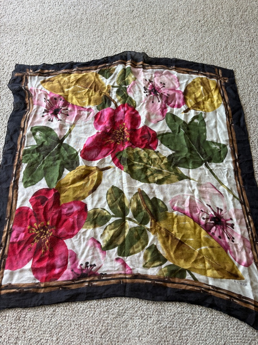 Vintage Echo Silk Floral Botanical Scarf Cottagecore Coastal Grandma Glam Chic - Picture 2 of 5